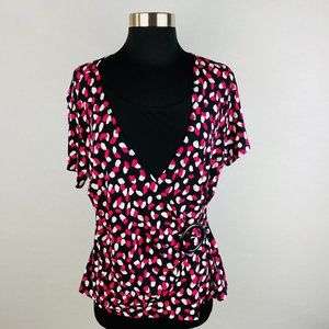 Notations Womens Large L Mulitcolor Polka Dots Print Faux Wrap Top Blouse